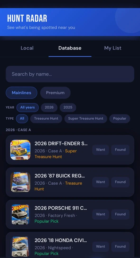 ValuR Hunt Radar database tab showing year and type filters and this year's Treasure Hunt releases