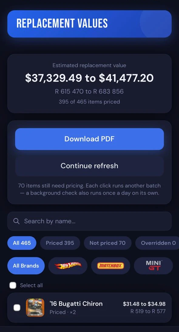 ValuR Replacement Values screen showing estimated value range, Download PDF button, and per-item pricing list
