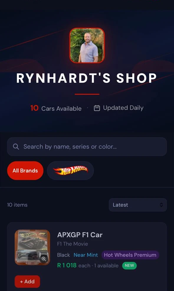 A buyer browsing a ValuR seller's shop storefront, with search, brand filters, and a listing